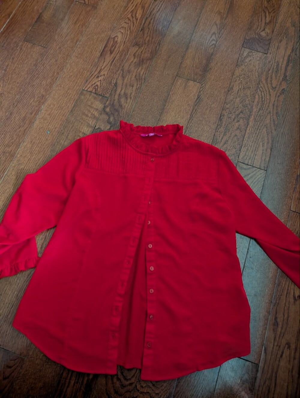 Marie Claire Red Ruffle Neck Button-Up Blouse